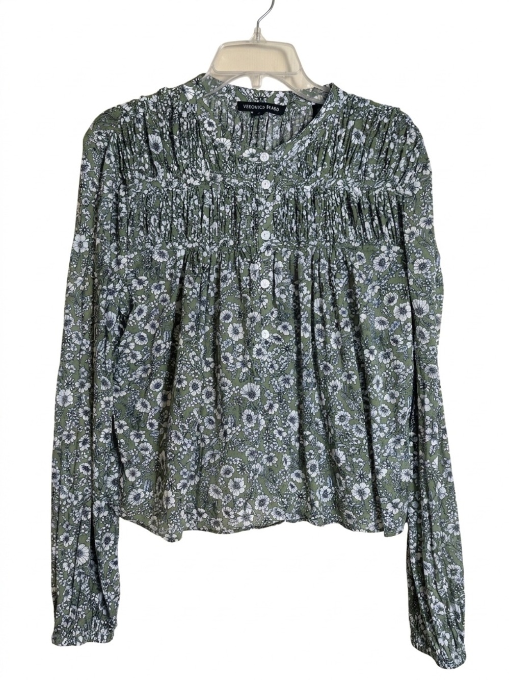 Veronica Beard Bonalie Floral Smocked Cotton Blouse Army Mult S